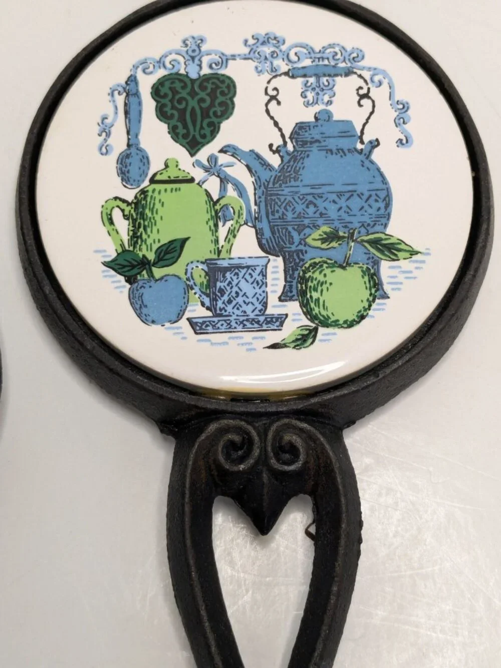 Vintage Cast Iron Fork & Spoon With Round Ceramic Tile Wall Decor Set  MCM